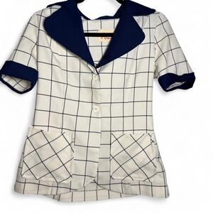 Holiday of California S/M mod white and navy blue plaid short sleeve shirt dress